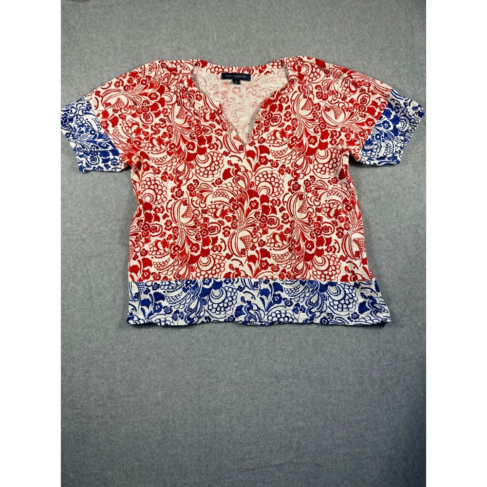Tommy Hilfiger Womens Red Blue Floral Paisley Cotton Knit V-Neck Top Size M